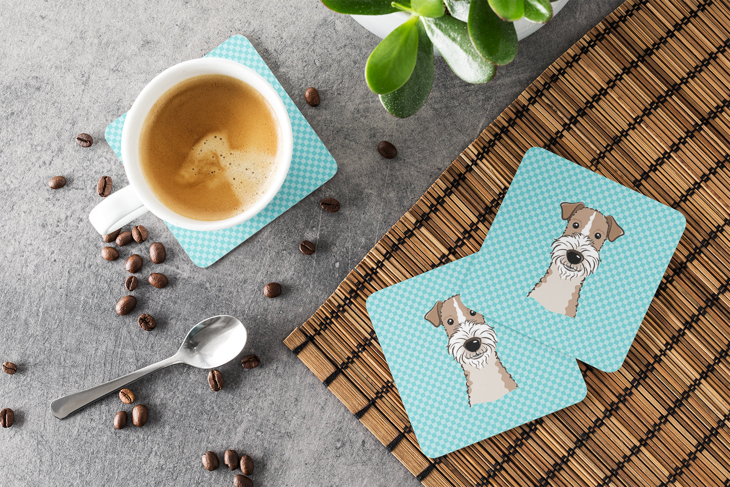 Set of 4 Checkerboard Blue Wire Haired Fox Terrier Foam Coasters BB1185FC - the-store.com