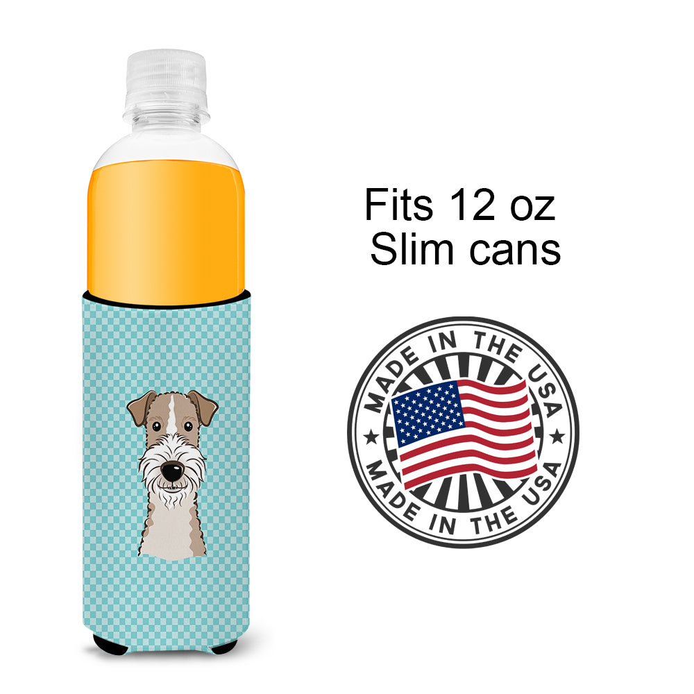 Checkerboard Blue Wire Haired Fox Terrier Ultra Beverage Insulators for slim cans