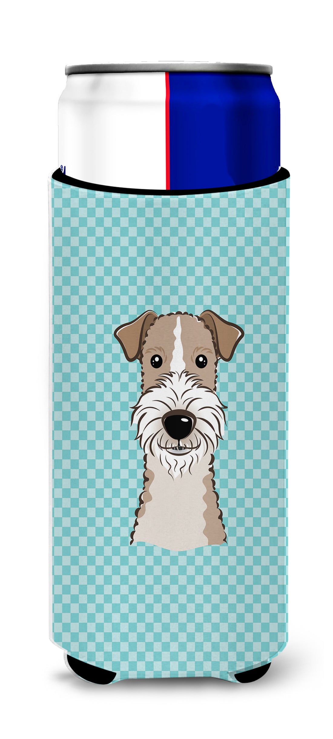 Checkerboard Blue Wire Haired Fox Terrier Ultra Beverage Insulators for slim cans.