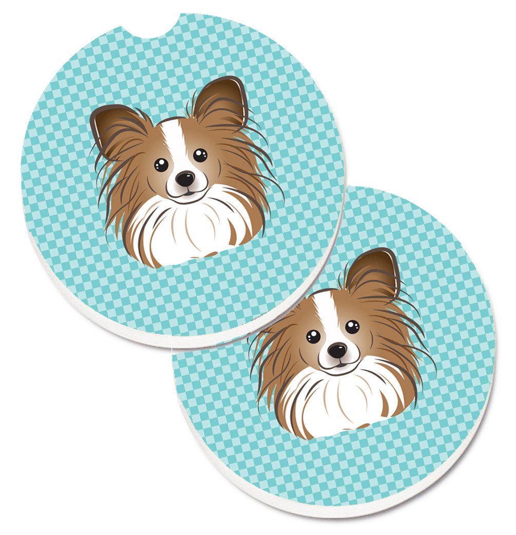 Checkerboard Blue Papillon Set of 2 Cup Holder Car Coasters BB1186CARC by Caroline's Treasures