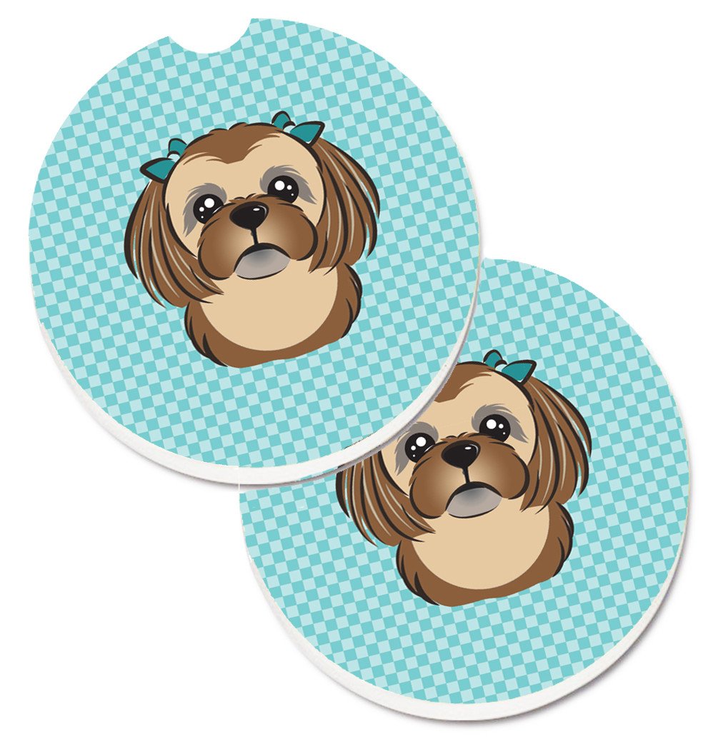 Checkerboard Blue Chocolate Brown Shih Tzu Set of 2 Cup Holder Car Coasters BB1187CARC by Caroline&#39;s Treasures