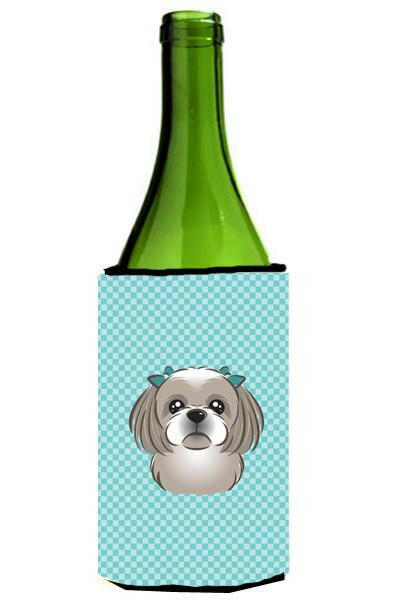 Checkerboard Blue Gray Silver Shih Tzu Wine Bottle Beverage Insulator Hugger BB1188LITERK by Caroline&#39;s Treasures