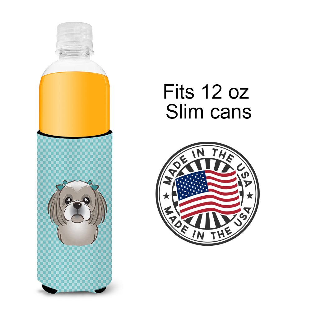 Checkerboard Blue Gray Silver Shih Tzu Ultra Beverage Insulators for slim cans.