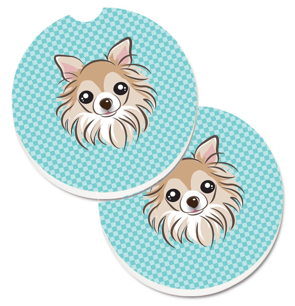 Checkerboard Blue Chihuahua Set of 2 Cup Holder Car Coasters BB1189CARC by Caroline&#39;s Treasures