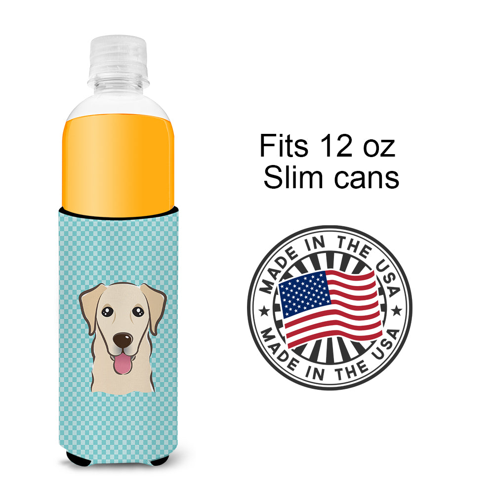 Checkerboard Blue Golden Retriever Ultra Beverage Insulators for slim cans