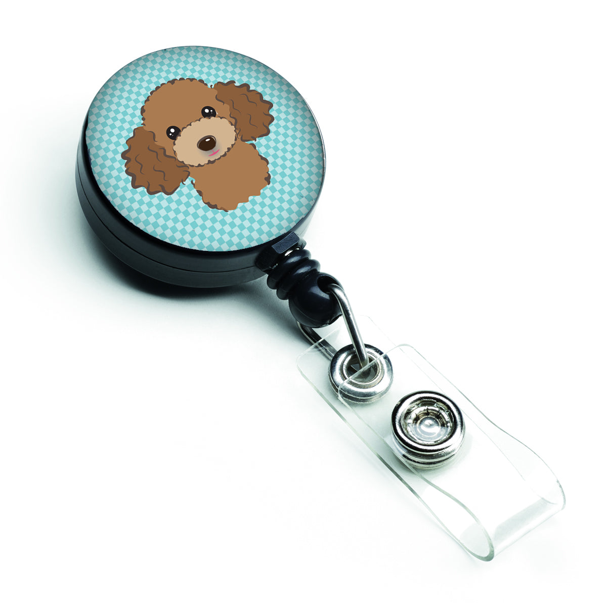 Checkerboard Blue Chocolate Brown Poodle Retractable Badge Reel BB1194BR.