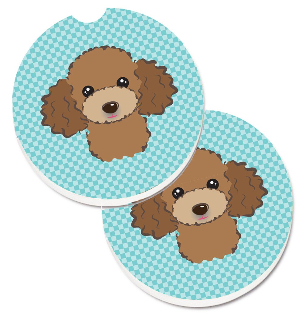 Checkerboard Blue Chocolate Brown Poodle Set of 2 Cup Holder Car Coasters BB1194CARC by Caroline&#39;s Treasures