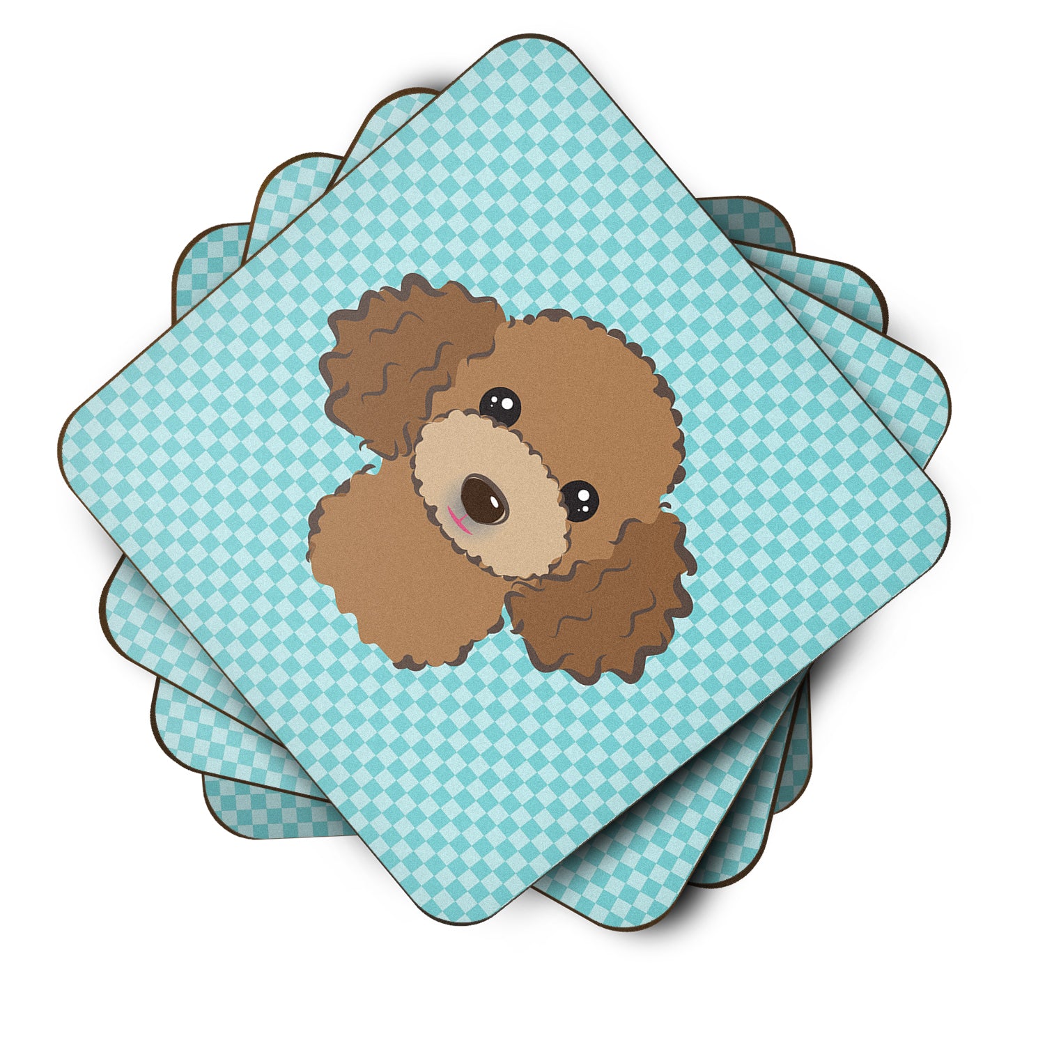 Set of 4 Checkerboard Blue Chocolate Brown Poodle Foam Coasters BB1194FC - the-store.com
