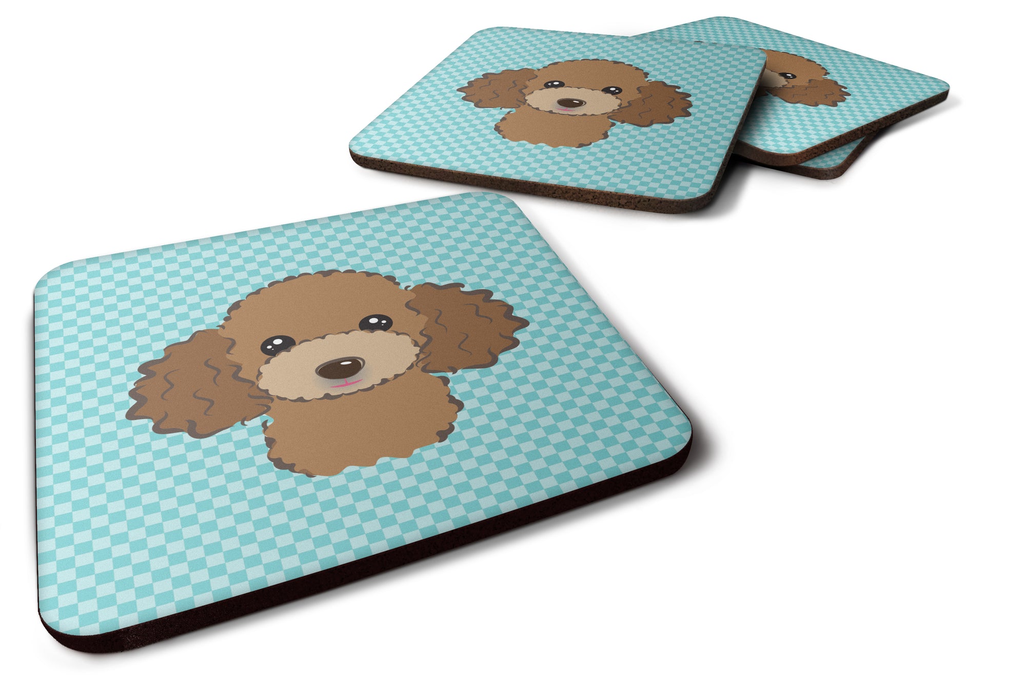 Set of 4 Checkerboard Blue Chocolate Brown Poodle Foam Coasters BB1194FC - the-store.com