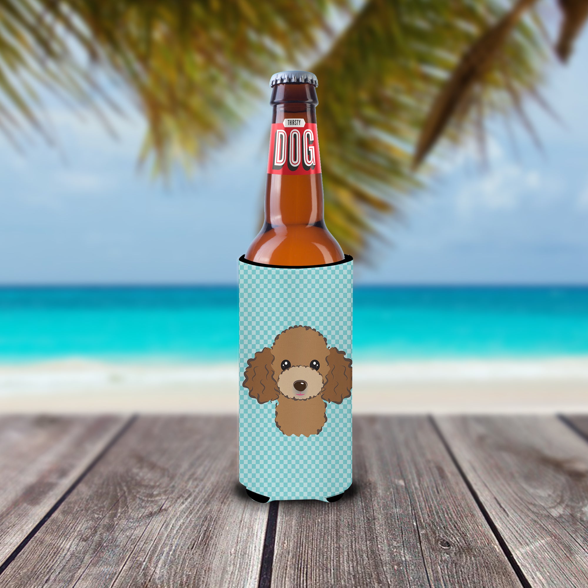 Checkerboard Blue Chocolate Brown Poodle Ultra Beverage Insulators for slim cans.