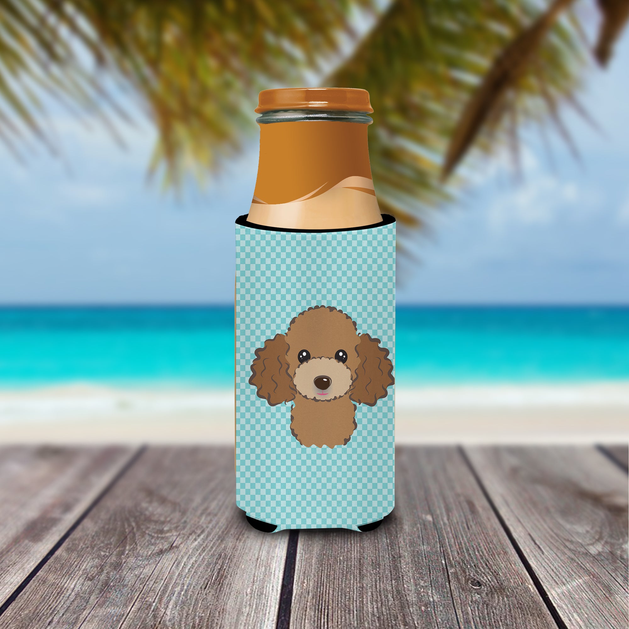 Checkerboard Blue Chocolate Brown Poodle Ultra Beverage Insulators for slim cans.