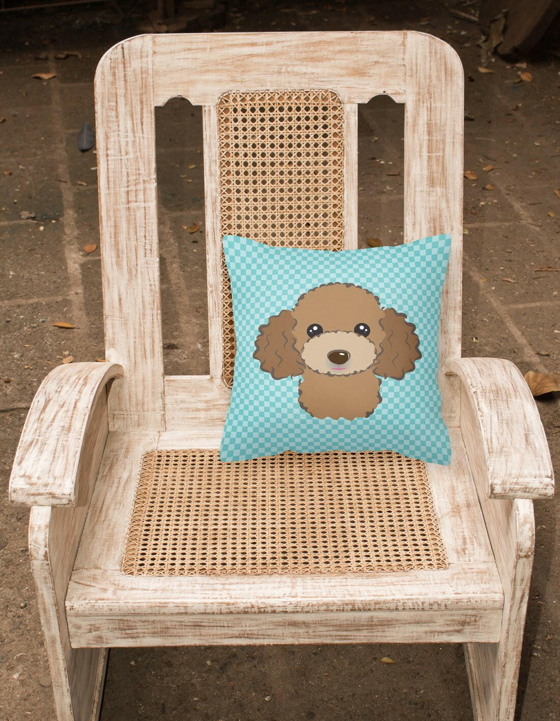 Checkerboard Blue Chocolate Brown Poodle Canvas Fabric Decorative Pillow BB1194PW1414 - the-store.com