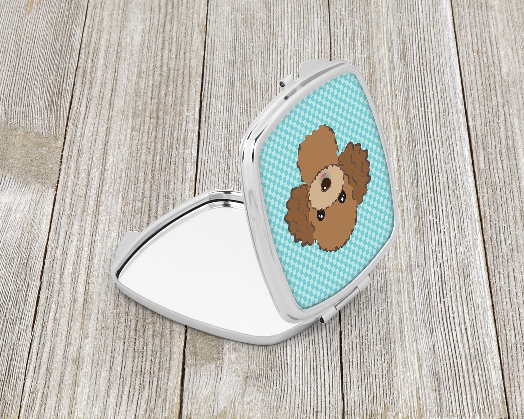 Checkerboard Blue Chocolate Brown Poodle Compact Mirror BB1194SCM  the-store.com.