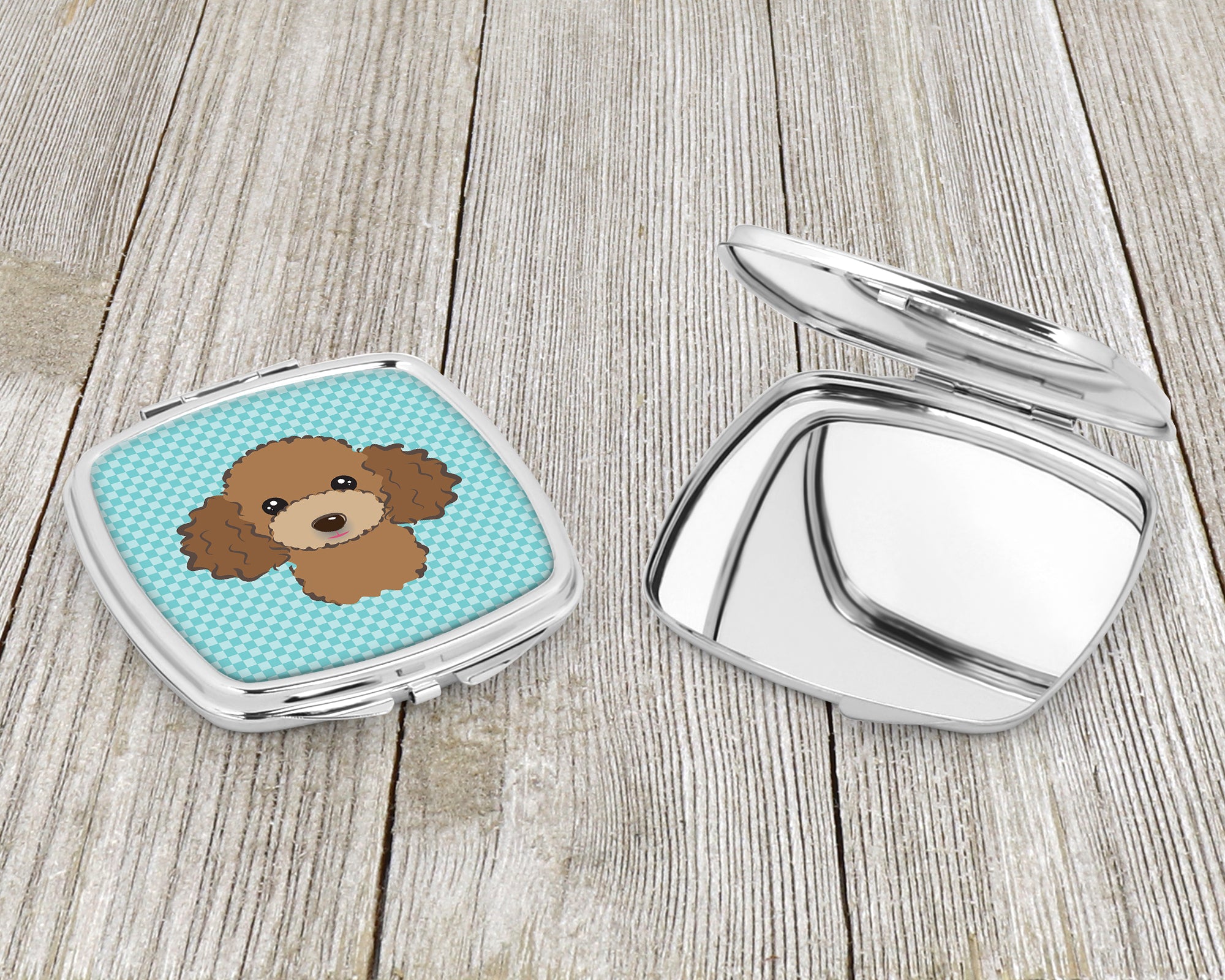 Checkerboard Blue Chocolate Brown Poodle Compact Mirror BB1194SCM
