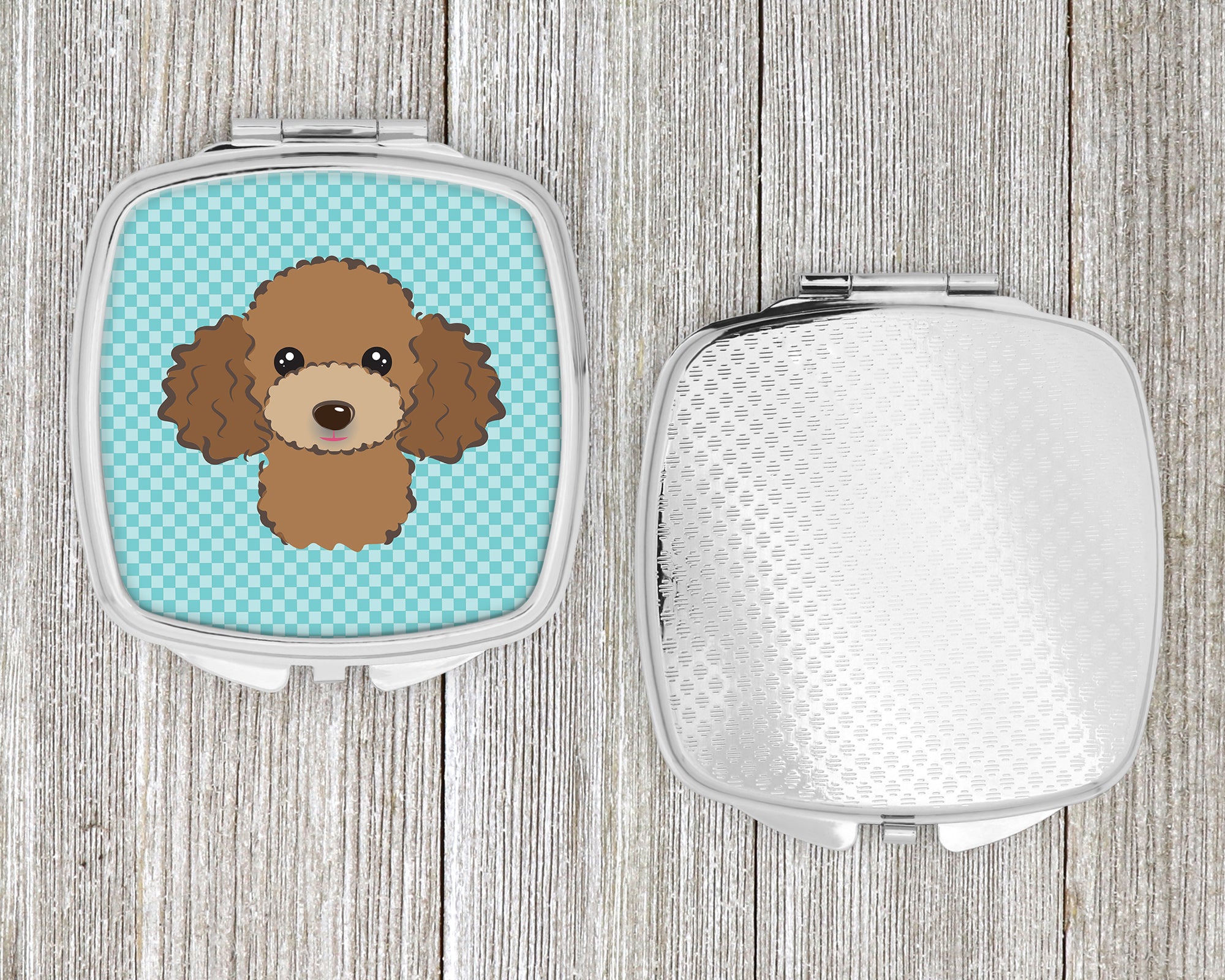 Checkerboard Blue Chocolate Brown Poodle Compact Mirror BB1194SCM