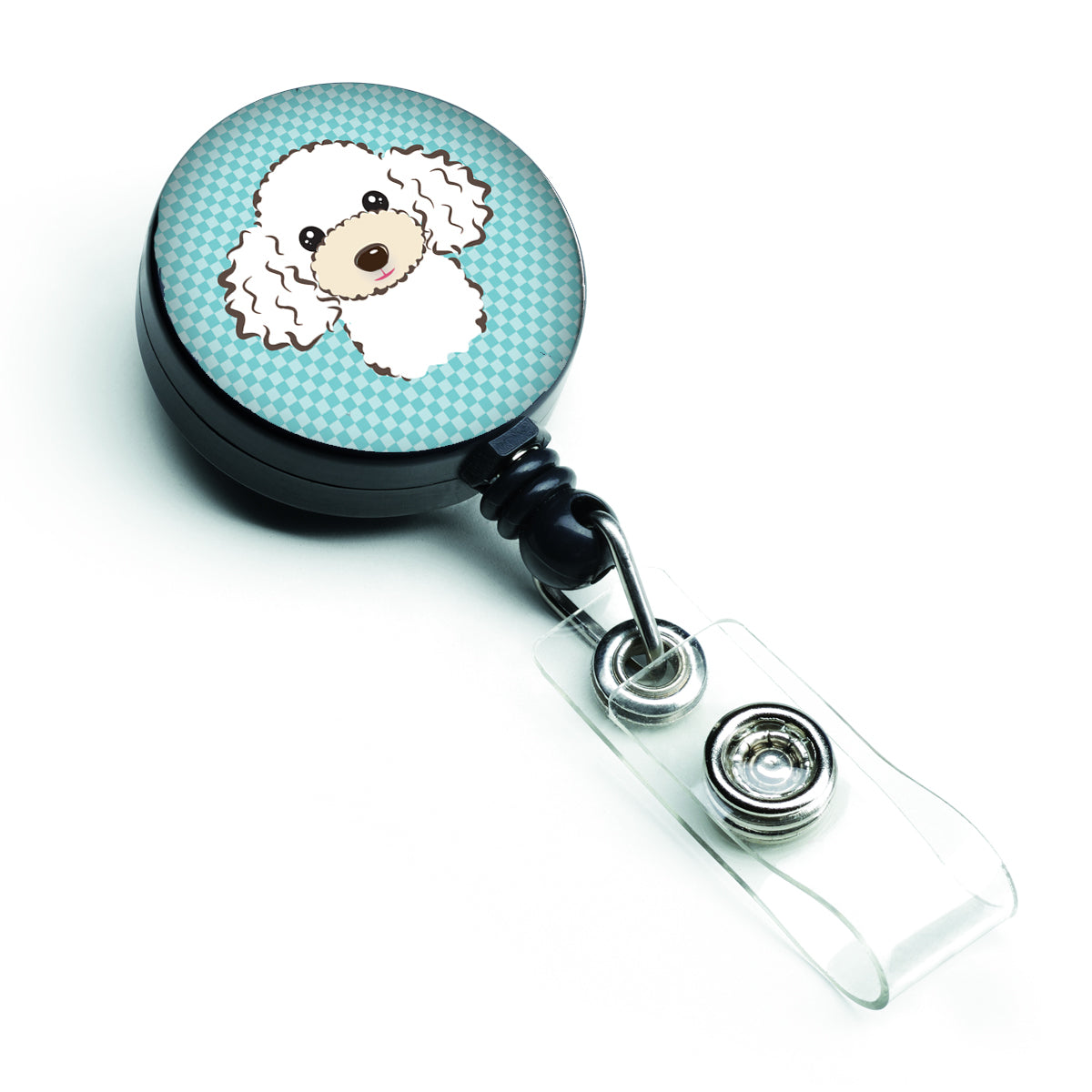 Checkerboard Blue White Poodle Retractable Badge Reel BB1195BR.