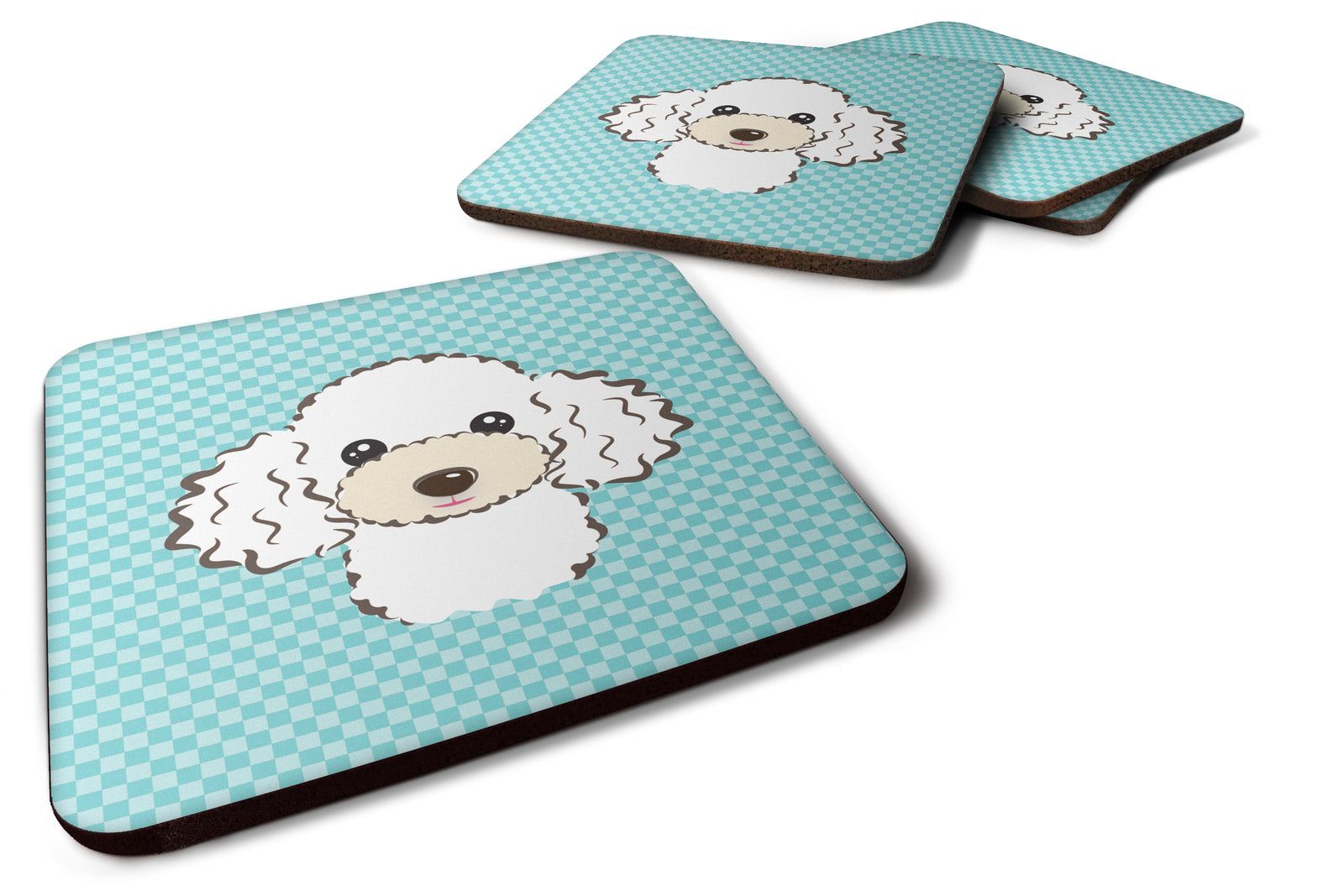 Set of 4 Checkerboard Blue White Poodle Foam Coasters BB1195FC - the-store.com
