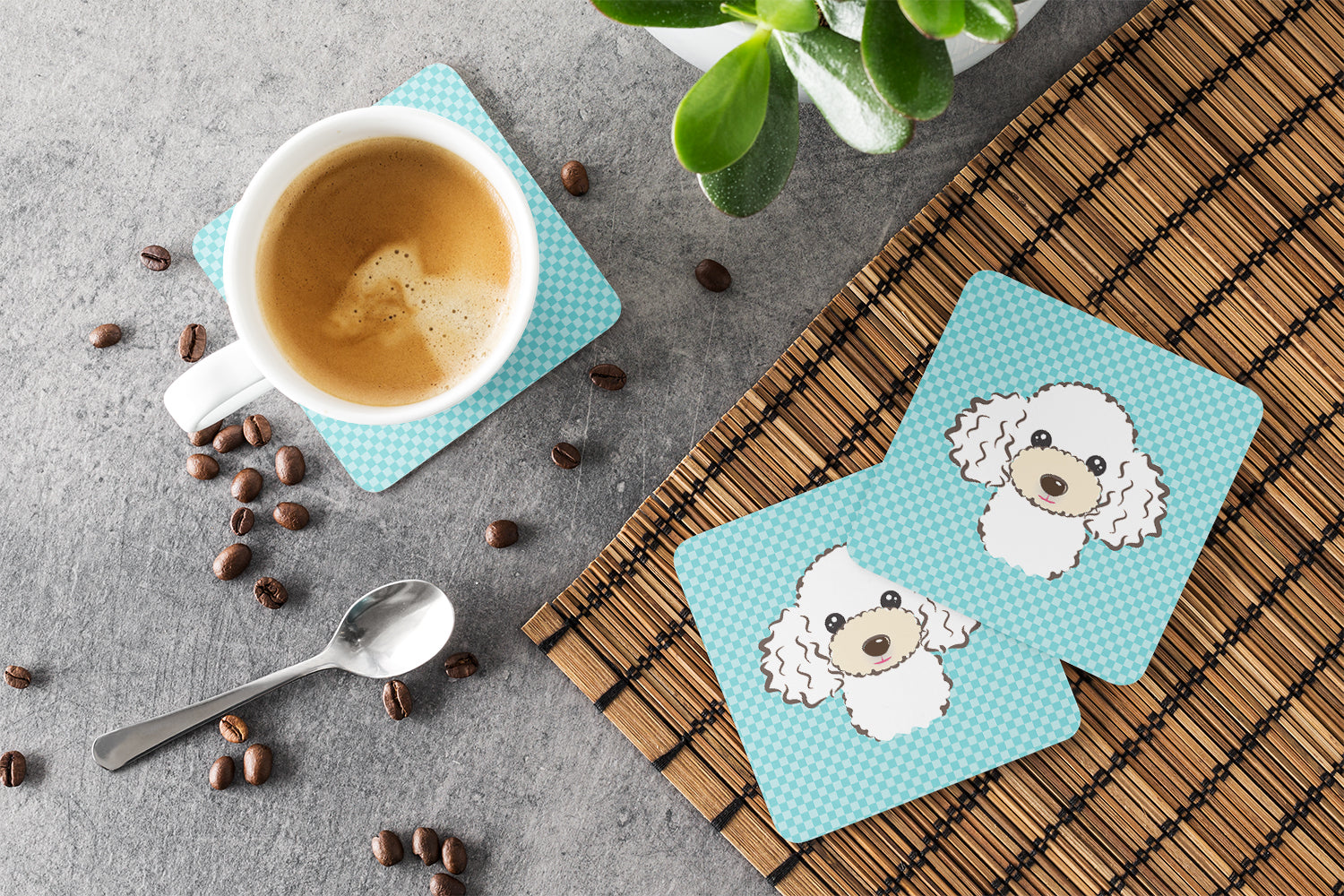 Set of 4 Checkerboard Blue White Poodle Foam Coasters BB1195FC - the-store.com