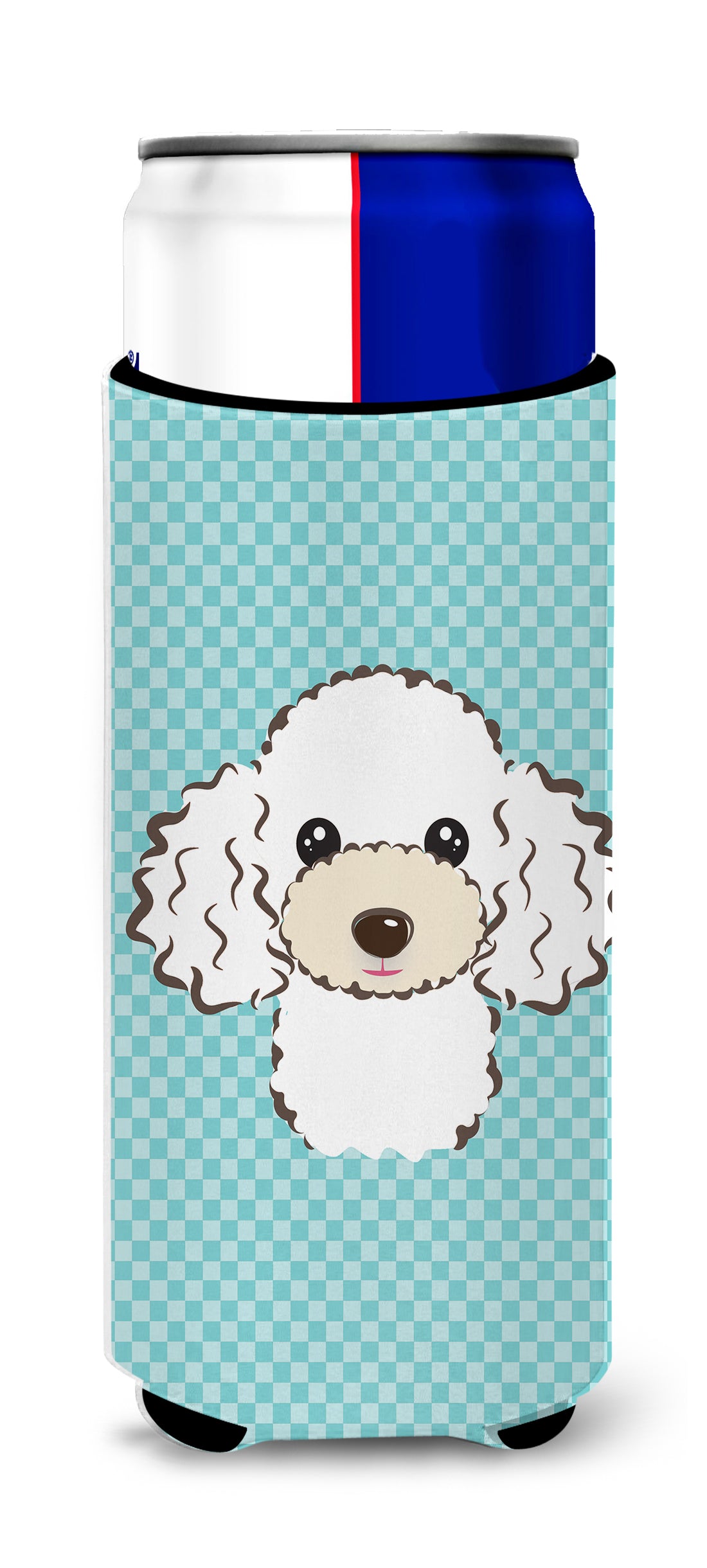 Checkerboard Blue White Poodle Ultra Beverage Insulators for slim cans BB1195MUK.