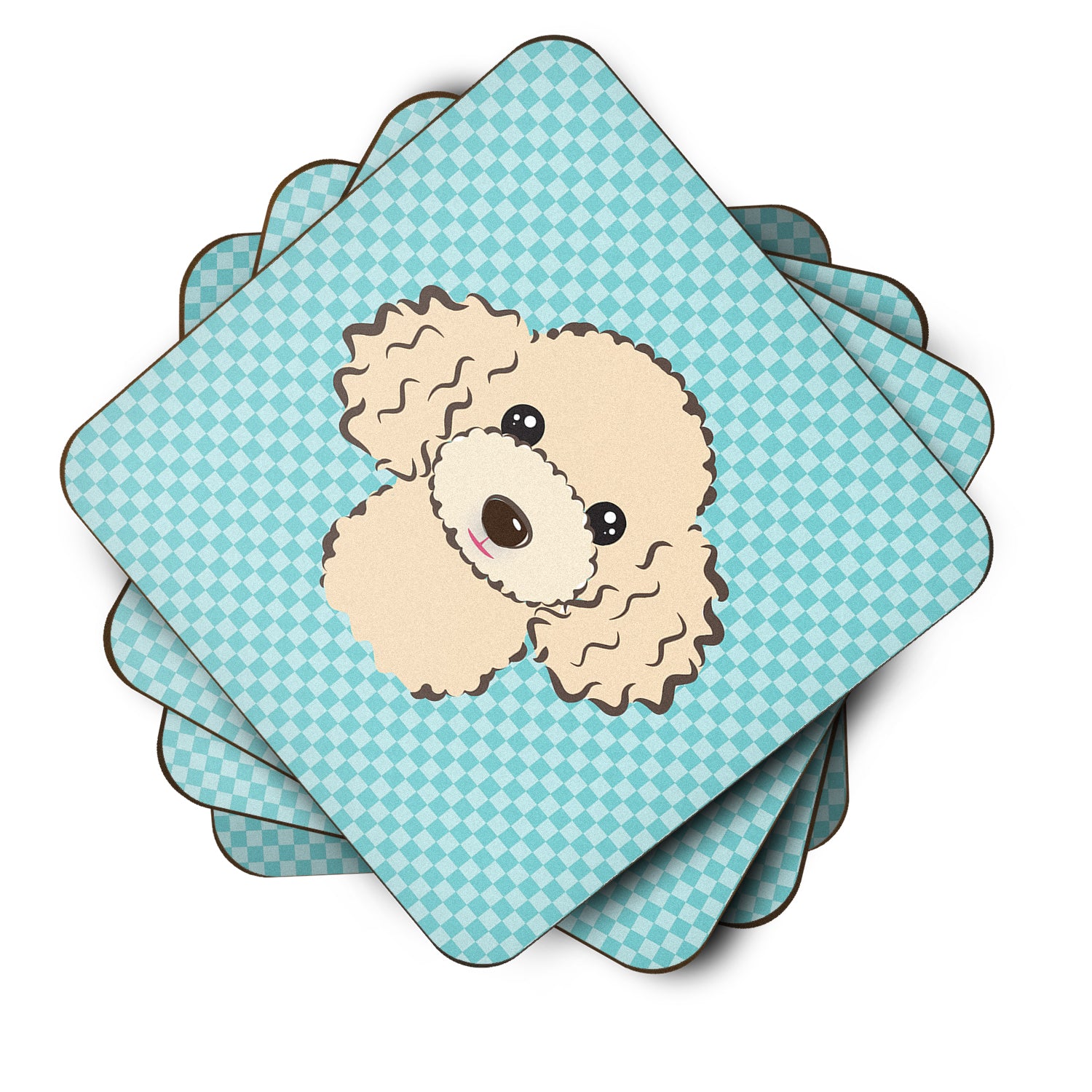 Set of 4 Checkerboard Blue Buff Poodle Foam Coasters BB1196FC - the-store.com