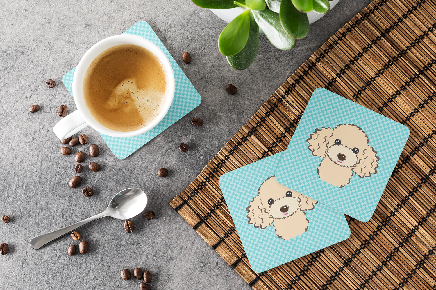 Set of 4 Checkerboard Blue Buff Poodle Foam Coasters BB1196FC - the-store.com