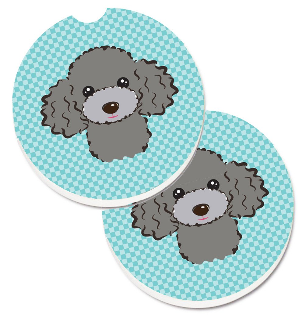 Checkerboard Blue Silver Gray Poodle Set of 2 Cup Holder Car Coasters BB1197CARC by Caroline&#39;s Treasures