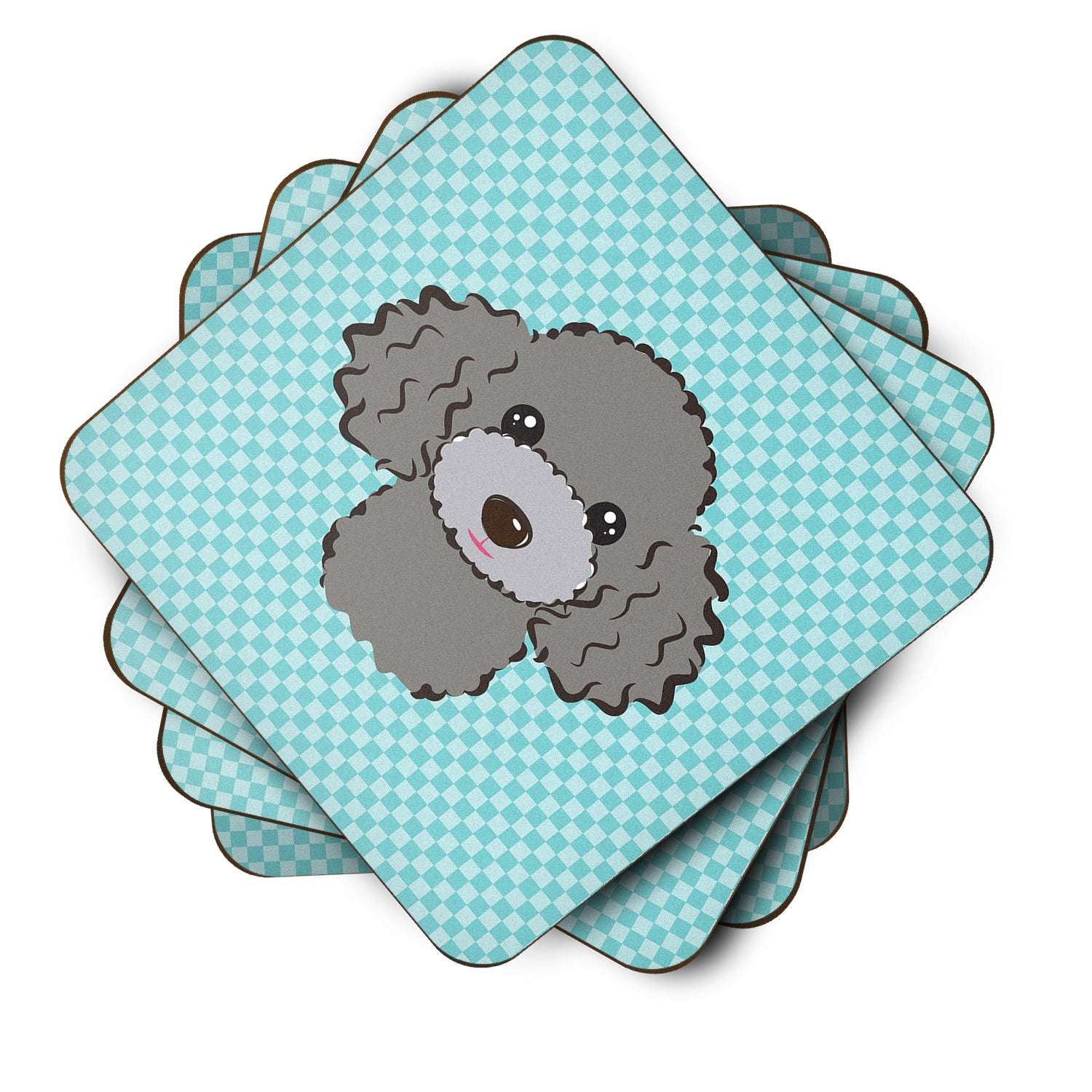Set of 4 Checkerboard Blue Silver Gray Poodle Foam Coasters BB1197FC - the-store.com