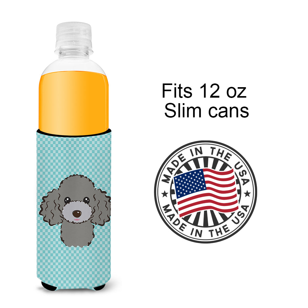 Checkerboard Blue Silver Gray Poodle Ultra Beverage Insulators for slim cans.