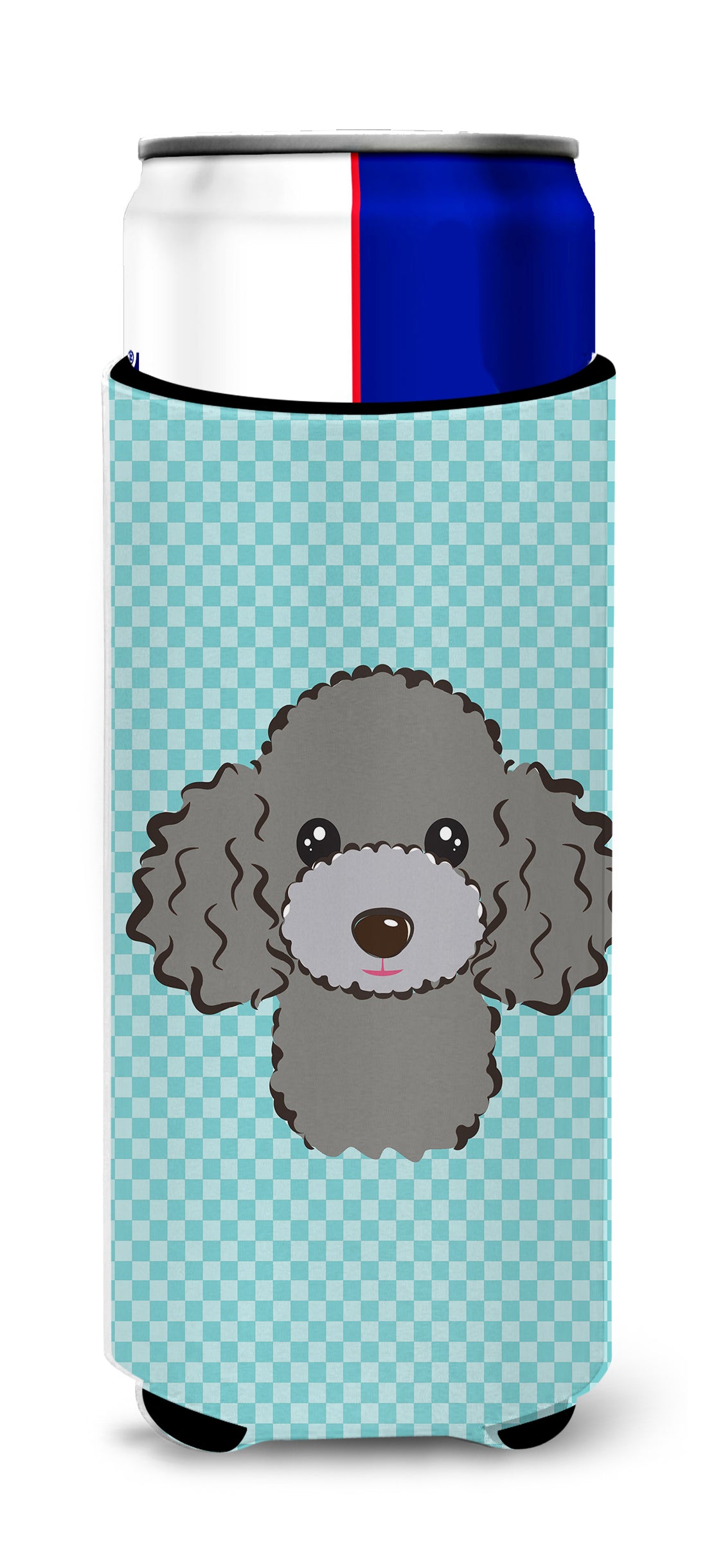 Checkerboard Blue Silver Gray Poodle Ultra Beverage Insulators for slim cans