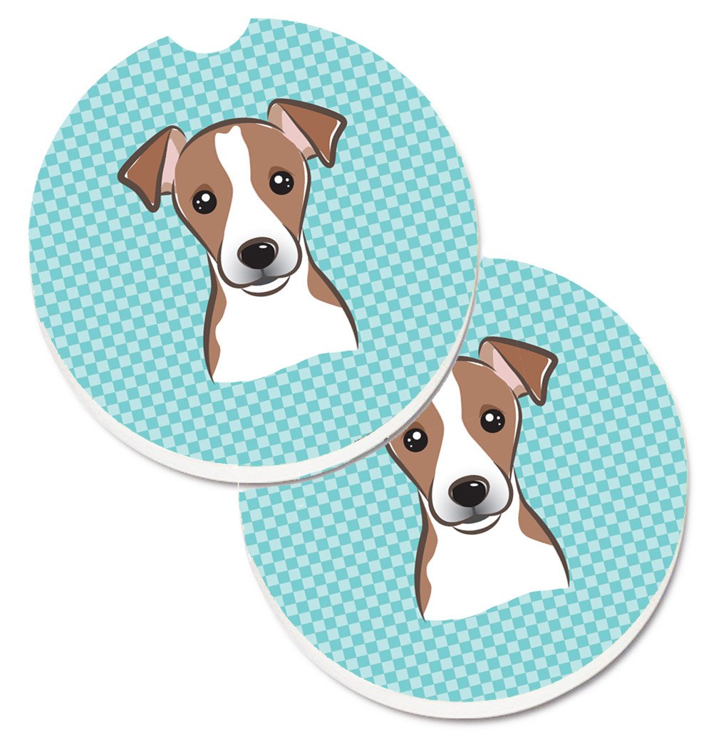Checkerboard Blue Jack Russell Terrier Set of 2 Cup Holder Car Coasters BB1198CARC by Caroline&#39;s Treasures