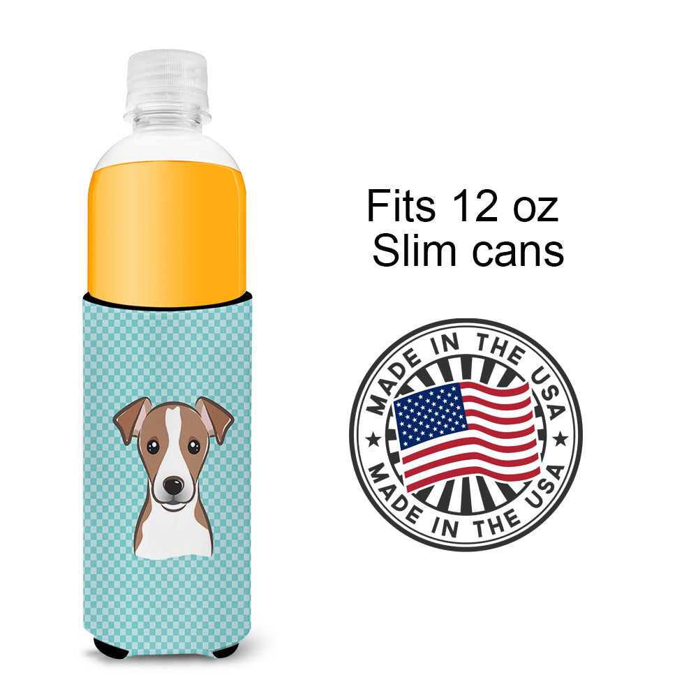 Checkerboard Blue Jack Russell Terrier Ultra Beverage Insulators for slim cans.