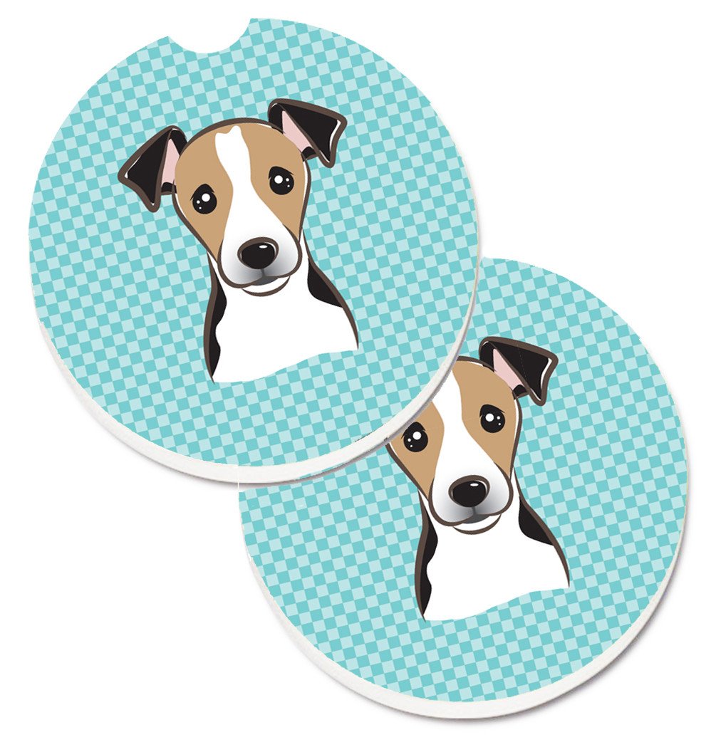 Checkerboard Blue Jack Russell Terrier Set of 2 Cup Holder Car Coasters BB1199CARC by Caroline&#39;s Treasures