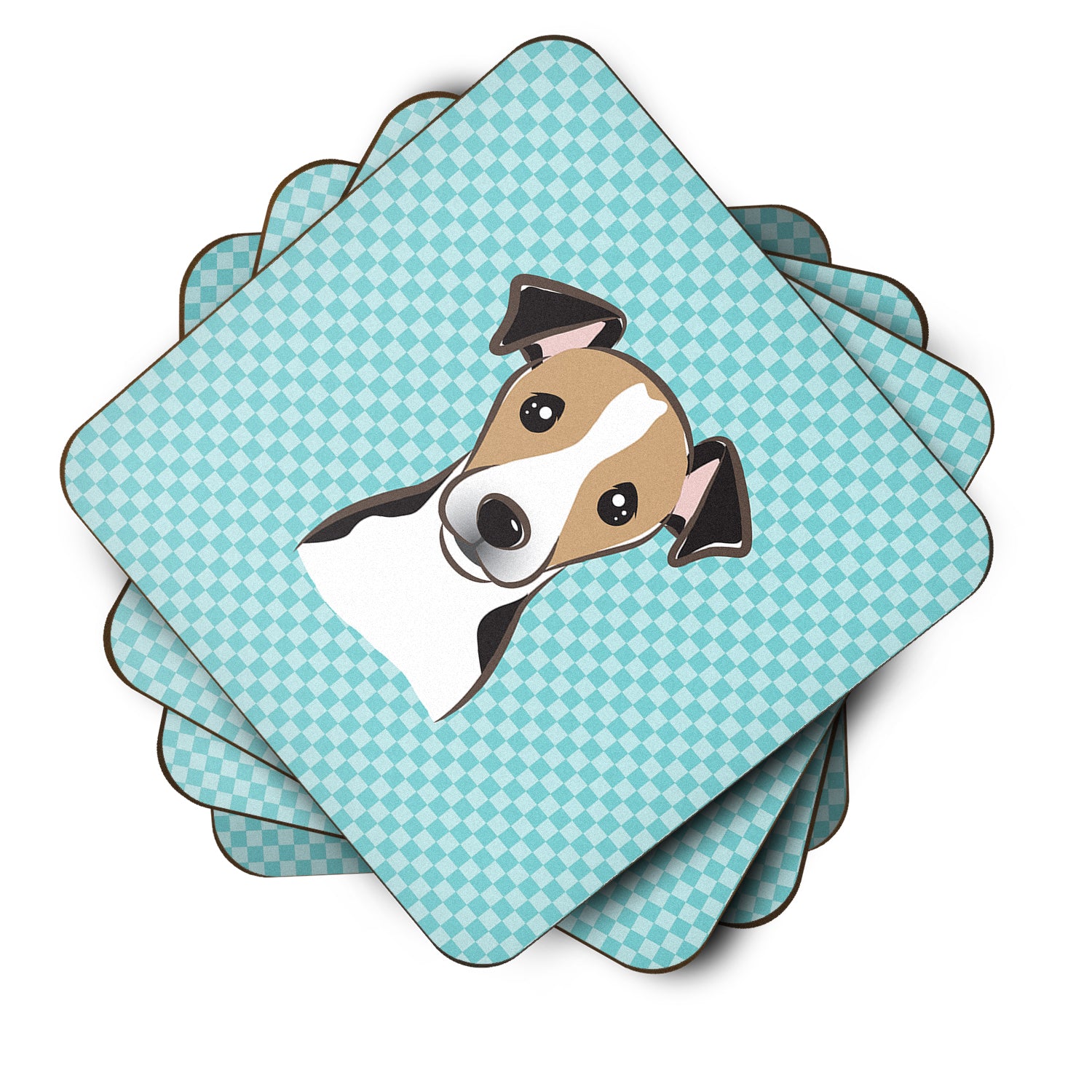 Set of 4 Checkerboard Blue Jack Russell Terrier Foam Coasters BB1199FC - the-store.com