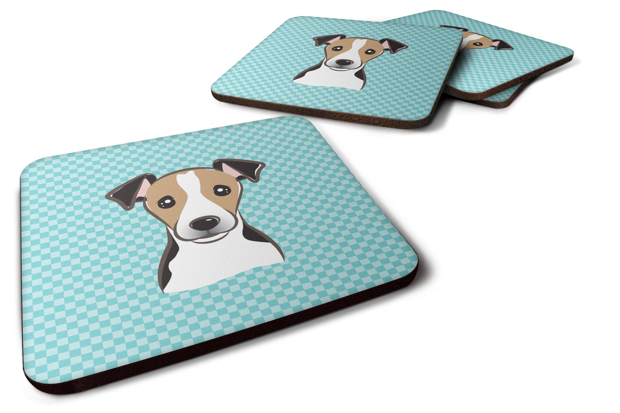 Set of 4 Checkerboard Blue Jack Russell Terrier Foam Coasters BB1199FC - the-store.com
