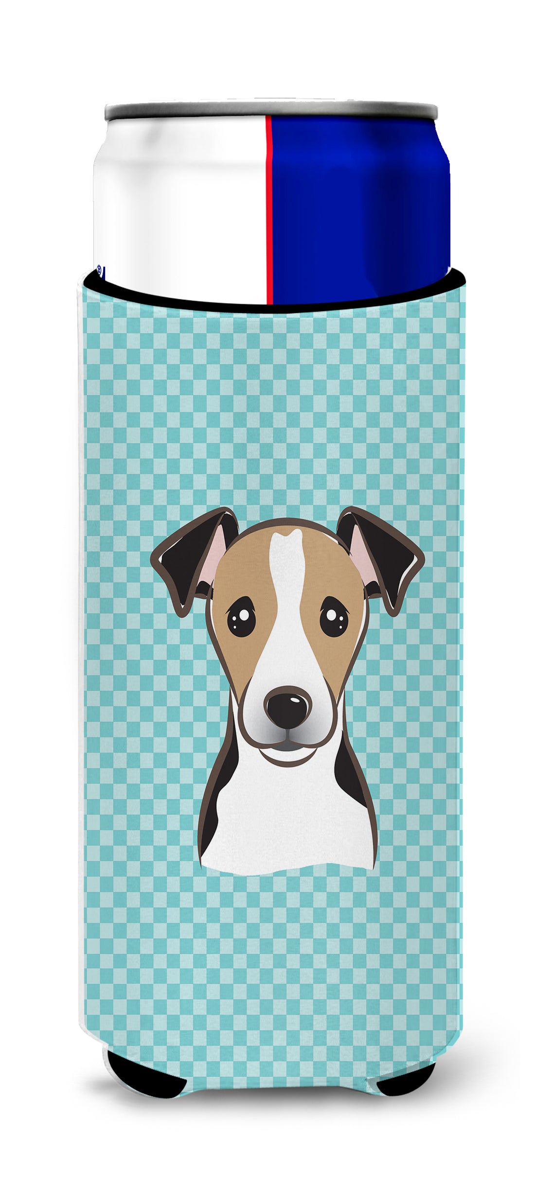 Checkerboard Blue Jack Russell Terrier Ultra Beverage Insulators for slim cans.