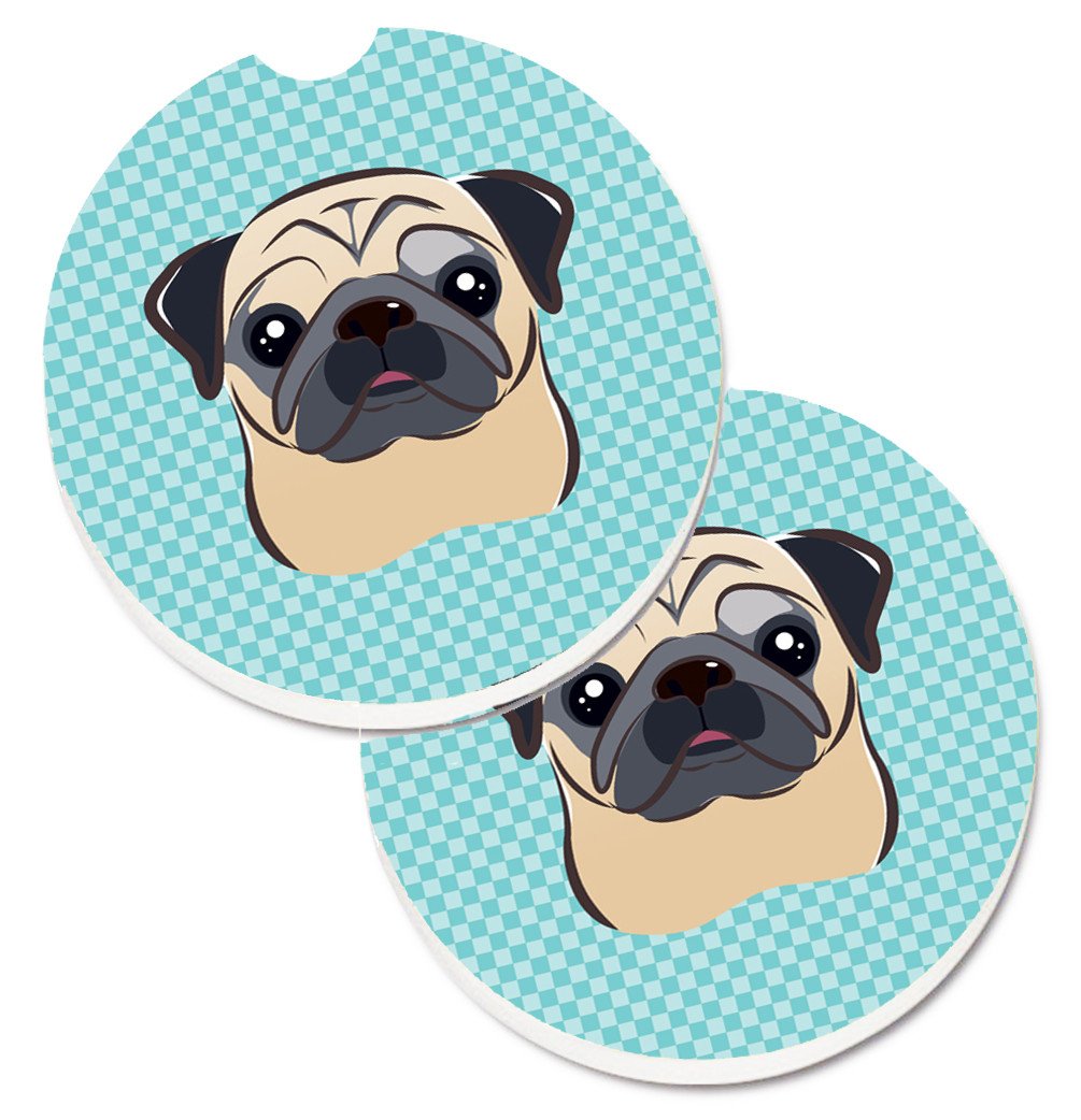 Checkerboard Blue Fawn Pug Set of 2 Cup Holder Car Coasters BB1200CARC by Caroline&#39;s Treasures