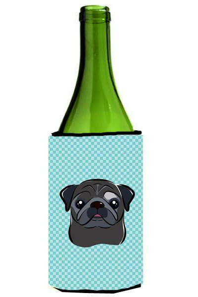 Checkerboard Blue Black Pug Wine Bottle Beverage Insulator Hugger BB1201LITERK by Caroline&#39;s Treasures