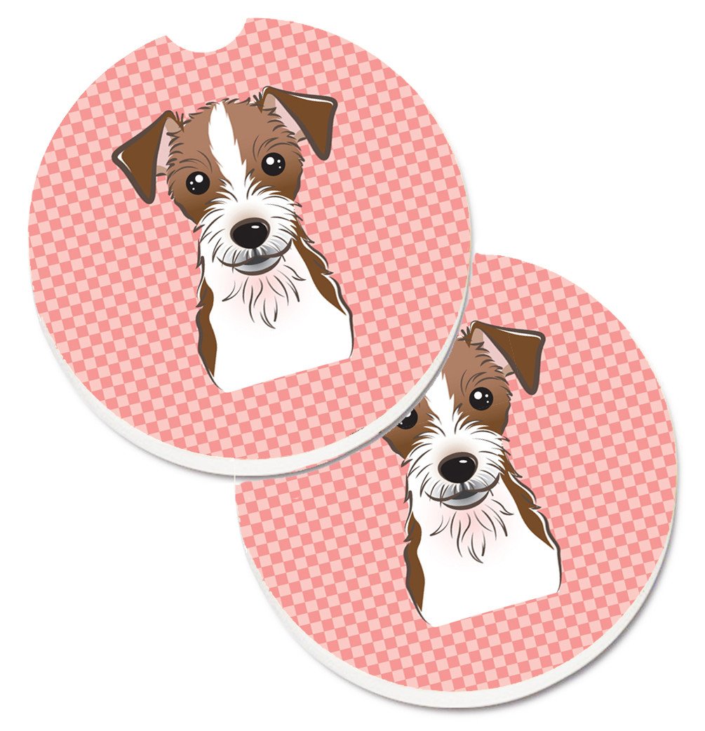 Checkerboard Pink Jack Russell Terrier Set of 2 Cup Holder Car Coasters BB1202CARC by Caroline&#39;s Treasures