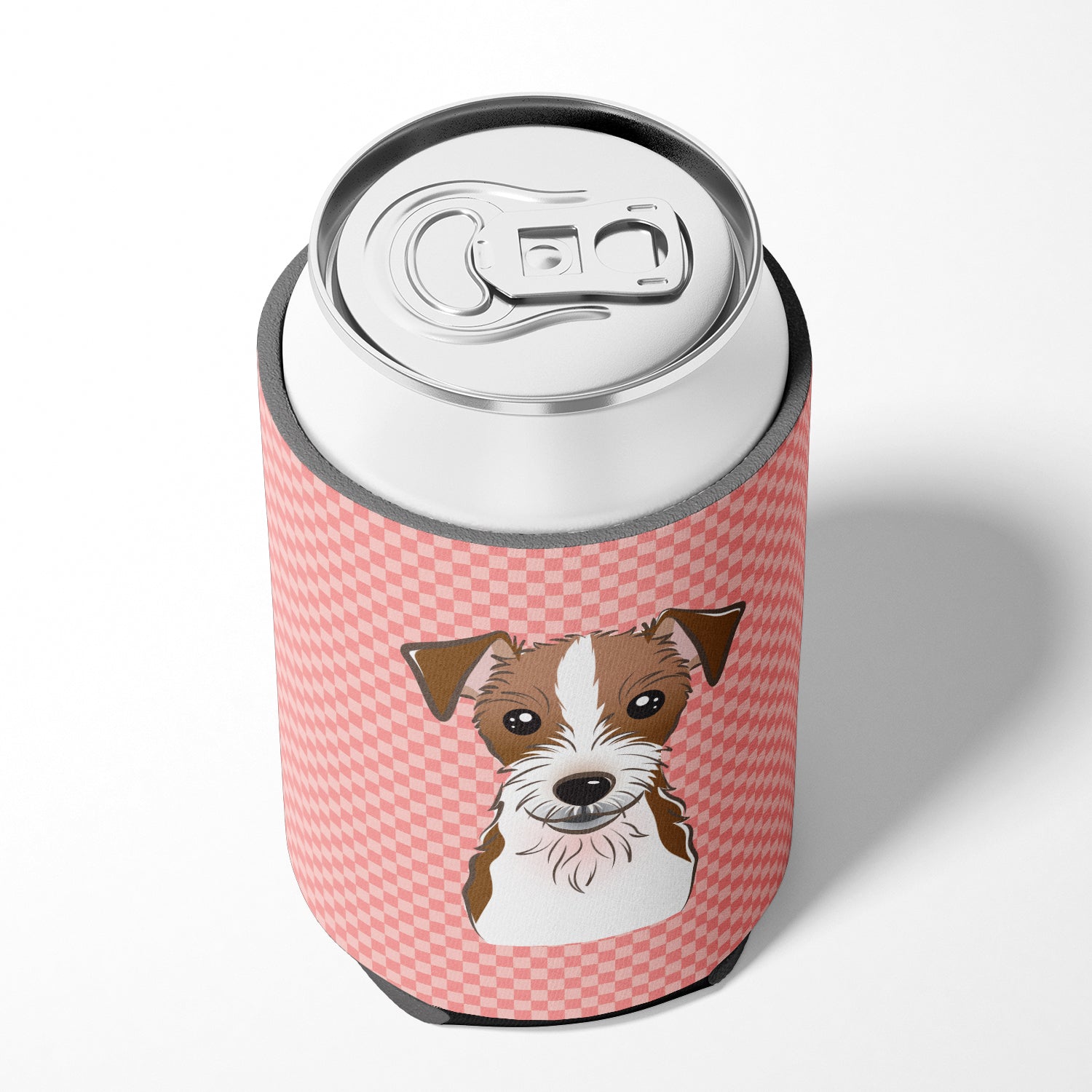 Checkerboard Pink Jack Russell Terrier Can or Bottle Hugger BB1202CC.