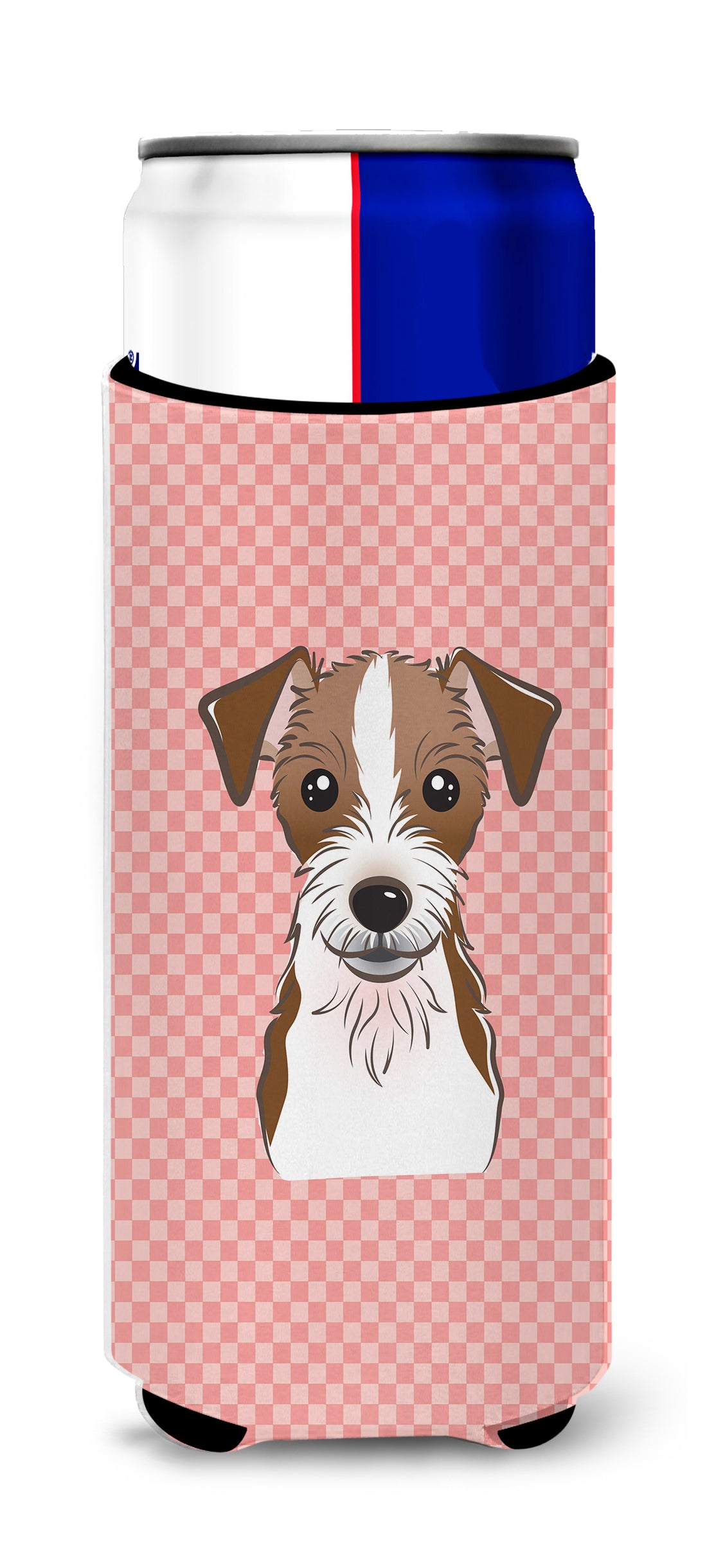 Checkerboard Pink Jack Russell Terrier Ultra Beverage Insulators for slim cans.