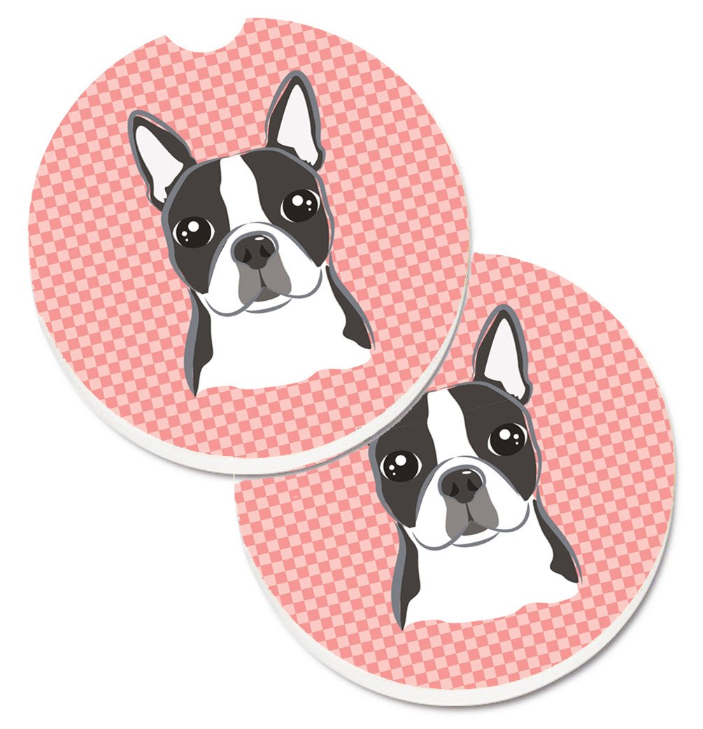 Checkerboard Pink Boston Terrier Set of 2 Cup Holder Car Coasters BB1203CARC by Caroline's Treasures
