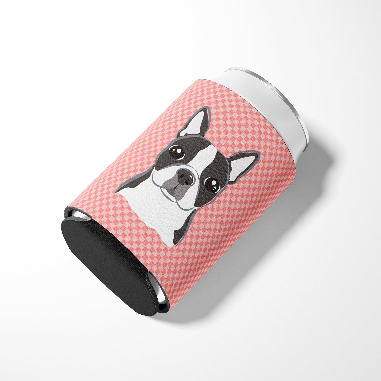 Checkerboard Pink Boston Terrier Can or Bottle Hugger BB1203CC