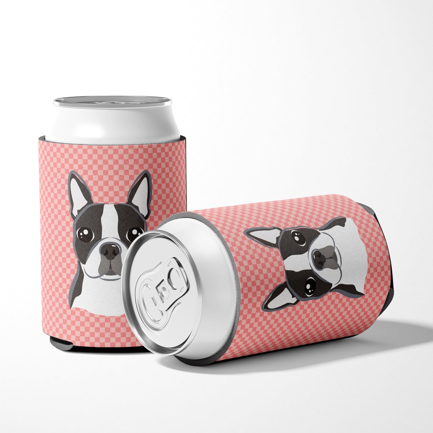 Checkerboard Pink Boston Terrier Can or Bottle Hugger BB1203CC