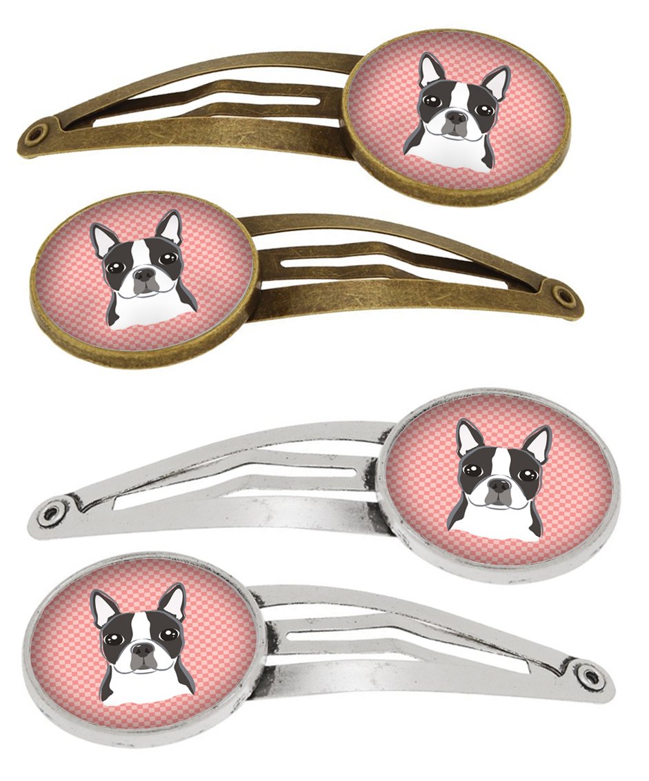 Checkerboard Pink Boston Terrier Set of 4 Barrettes Hair Clips BB1203HCS4 by Caroline&#39;s Treasures