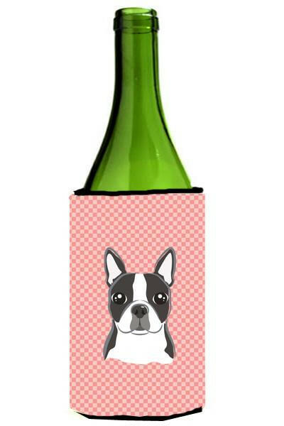 Checkerboard Pink Boston Terrier Wine Bottle Beverage Insulator Hugger BB1203LITERK by Caroline&#39;s Treasures