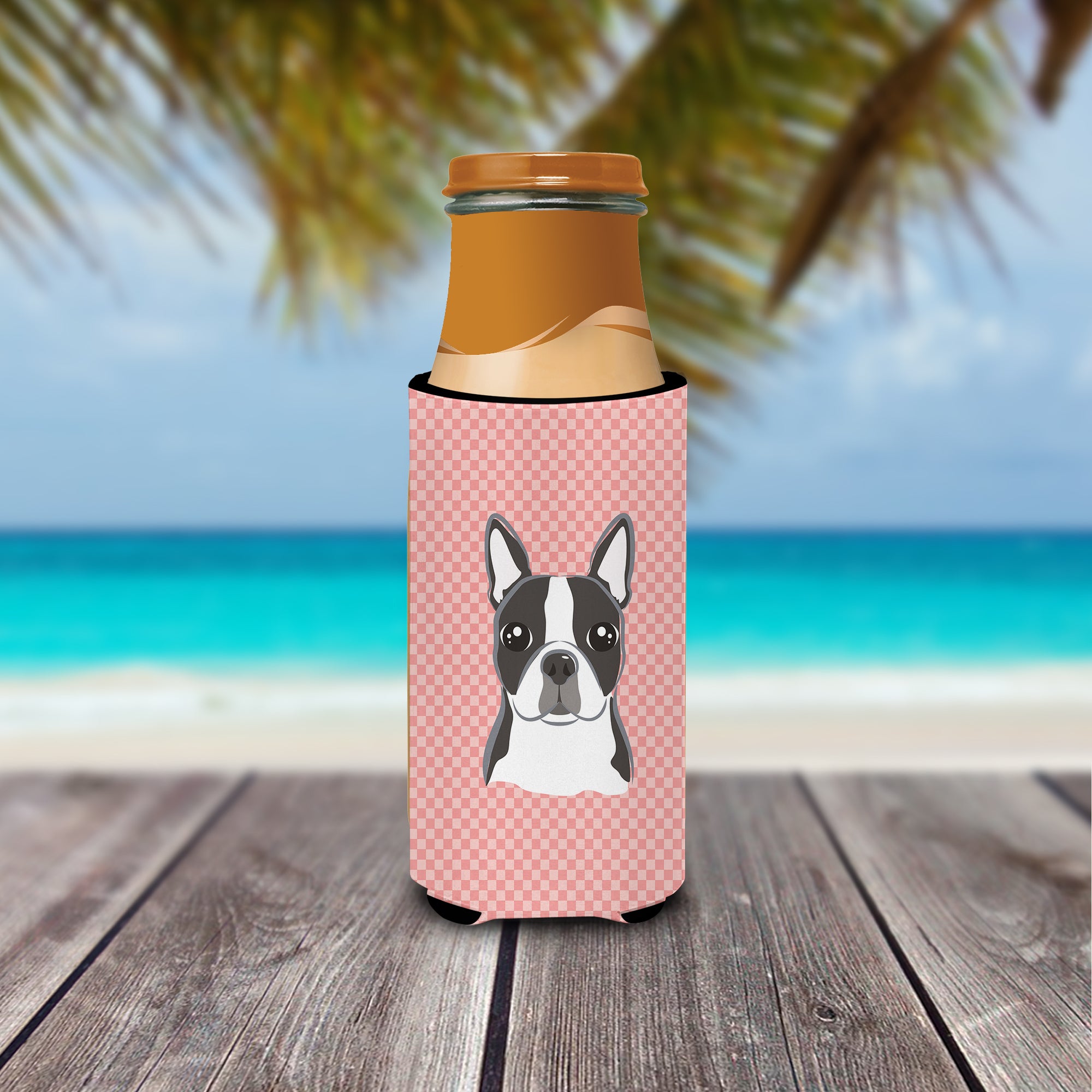 Checkerboard Pink Boston Terrier Ultra Beverage Insulators for slim cans BB1203MUK.