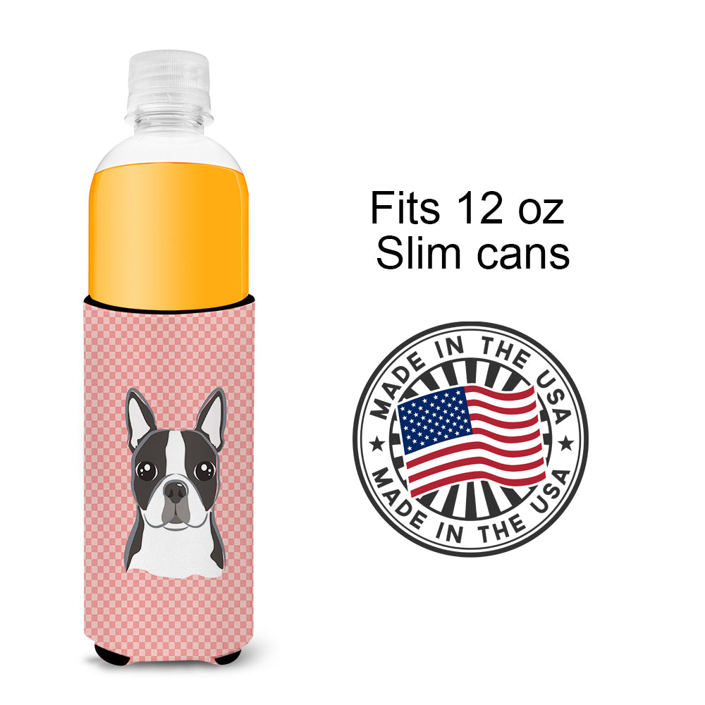 Checkerboard Pink Boston Terrier Ultra Beverage Insulators for slim cans BB1203MUK