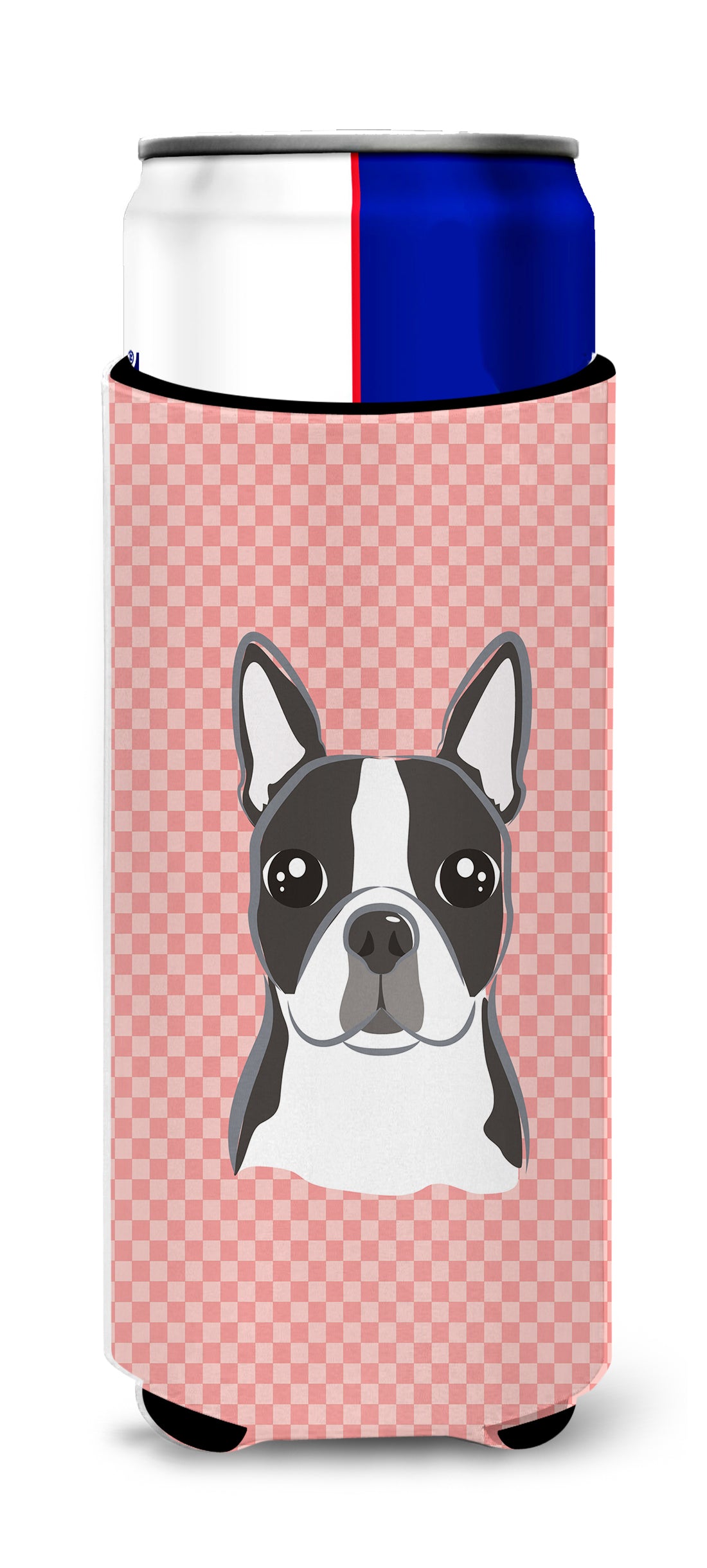 Checkerboard Pink Boston Terrier Ultra Beverage Insulators for slim cans BB1203MUK