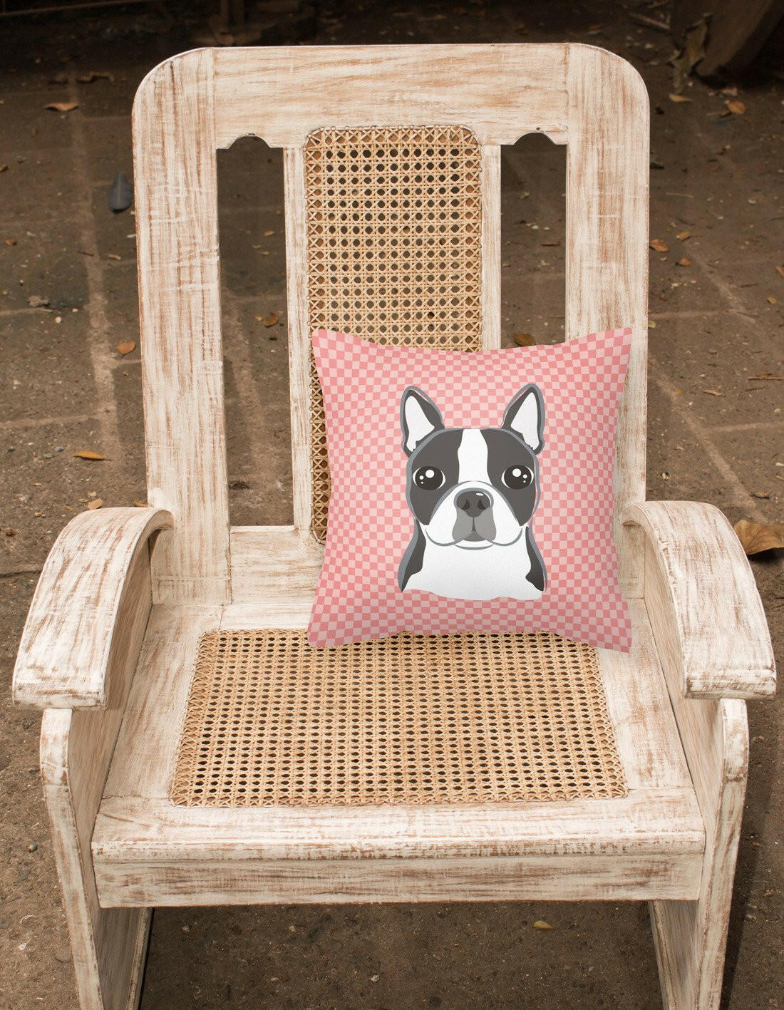 Checkerboard Pink Boston Terrier Canvas Fabric Decorative Pillow BB1203PW1414 - the-store.com