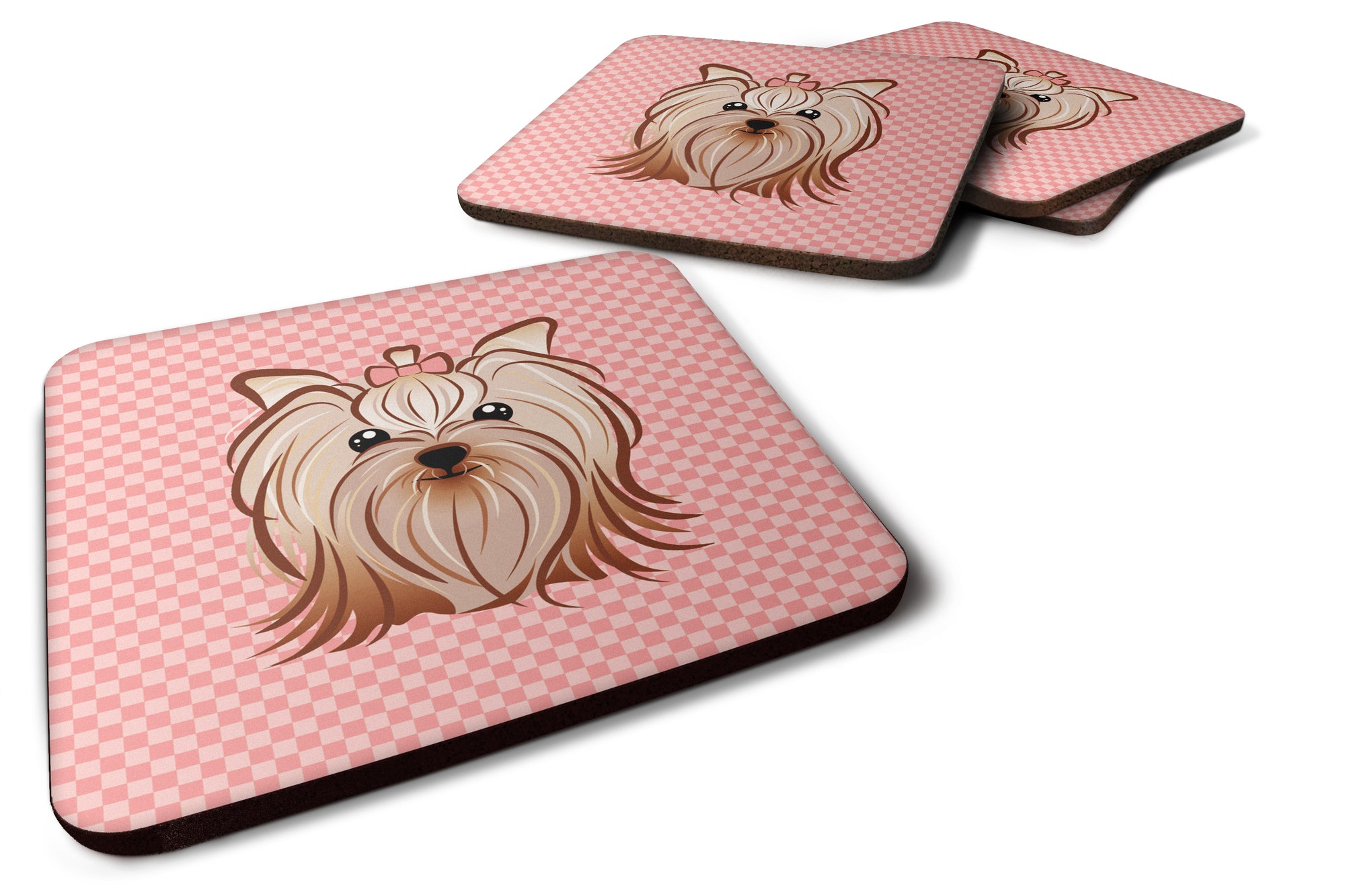 Set of 4 Checkerboard Pink Yorkie Yorkshire Terrier Foam Coasters BB1204FC - the-store.com